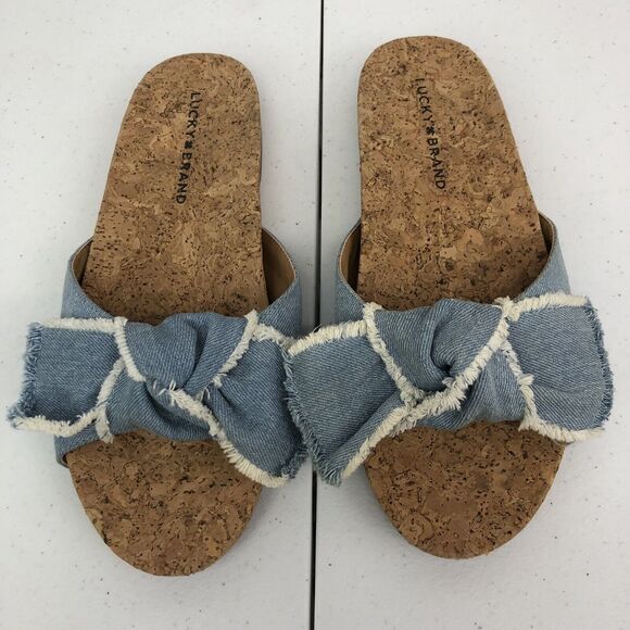 Lucky Brand Sandals Women Sz 8 M Denim Bow Cork Blue EU 38.5 Flats Boho - Picture 2 of 10